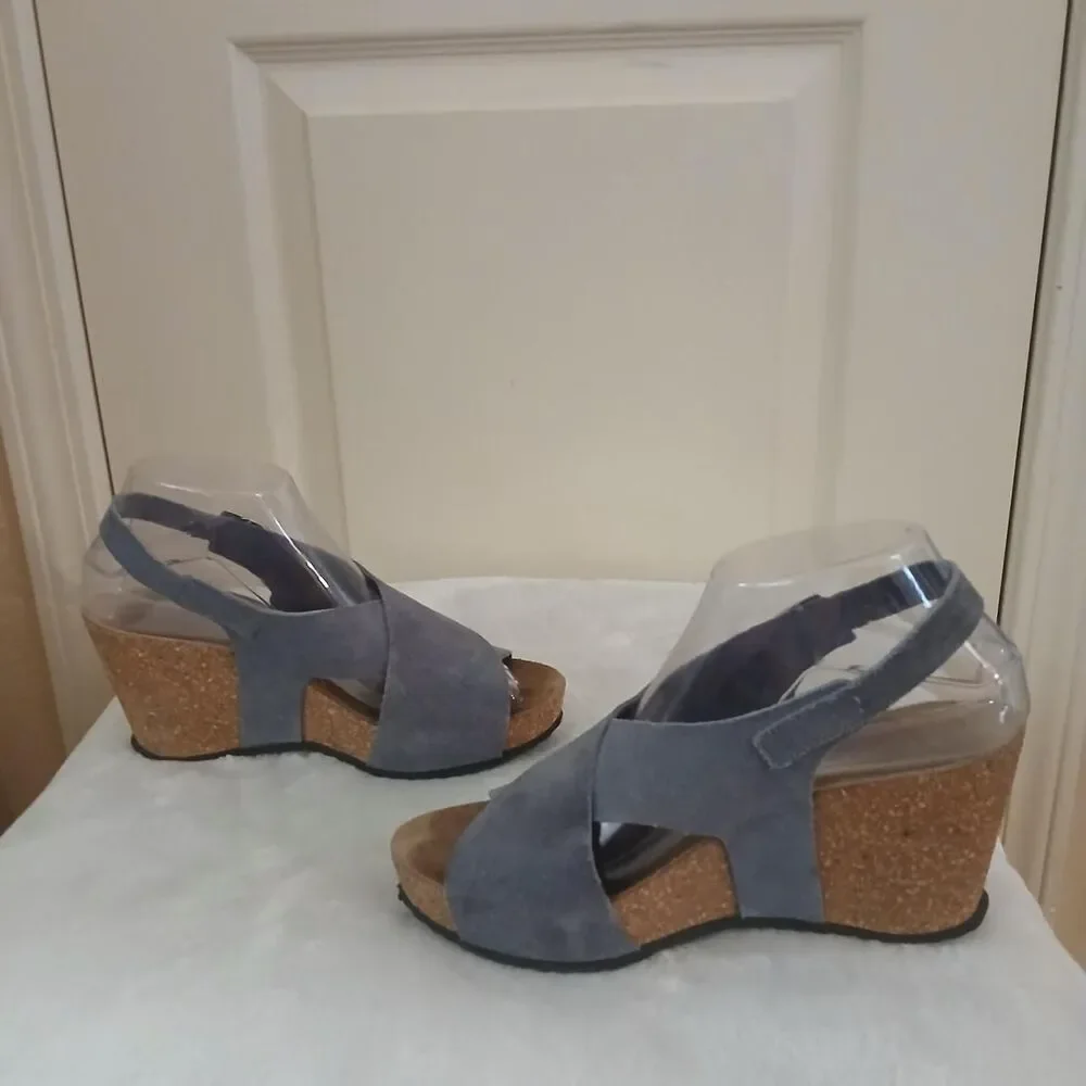 Y2K Vintage A. Giannetti Blue Suede Platform Cork Wedge Sandals Boho EuroSummer